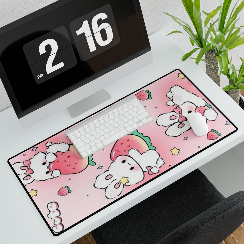 Cute Strawberry Bunny Desk Mat — Pink Kawaii Mousepad for Desk, Gaming & Office