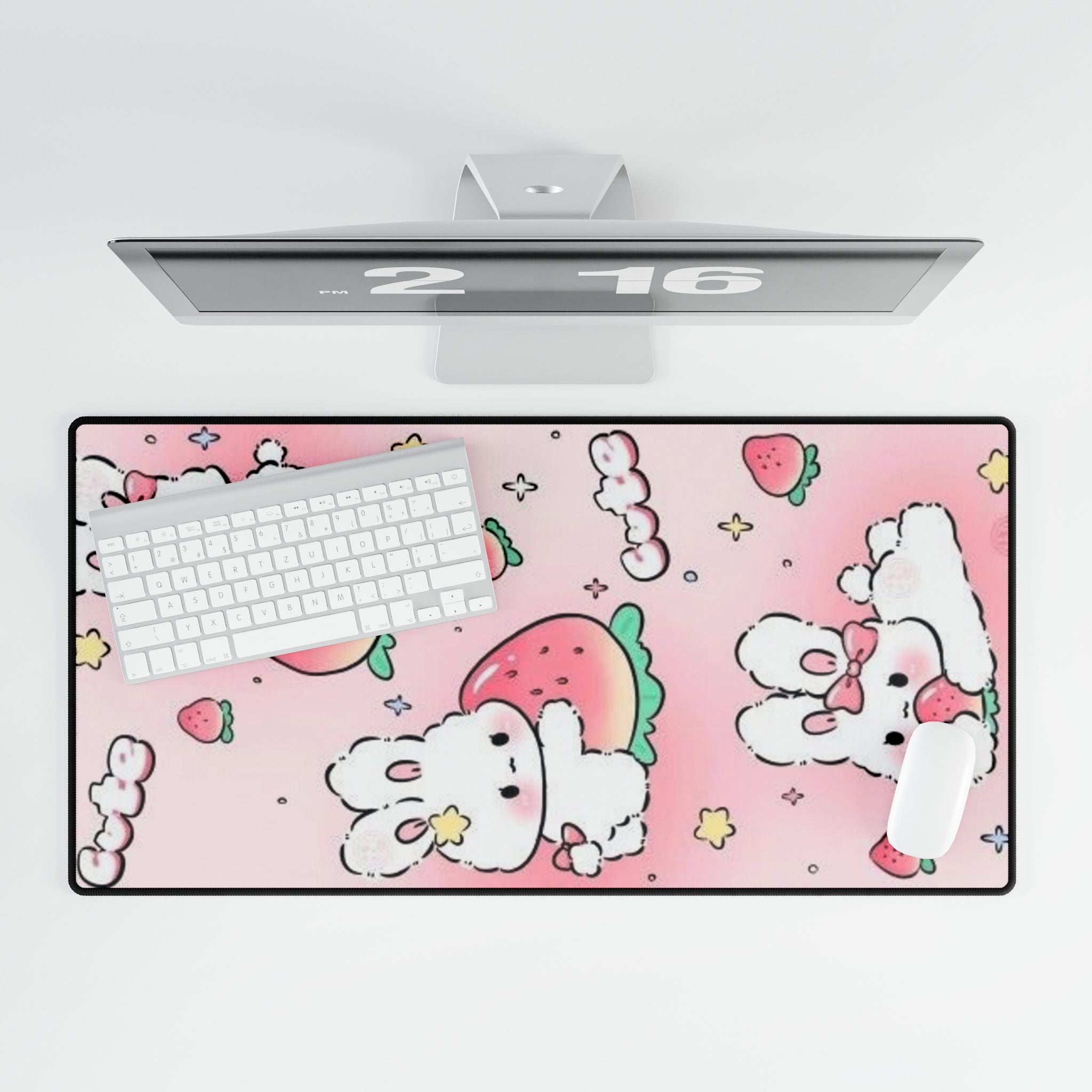 Cute Strawberry Bunny Desk Mat — Pink Kawaii Mousepad for Desk, Gaming & Office